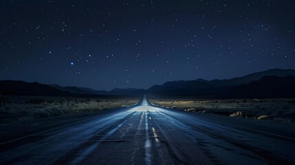 Fototapeta premium Desert night drive with white led lights illuminating the road in a realistic image