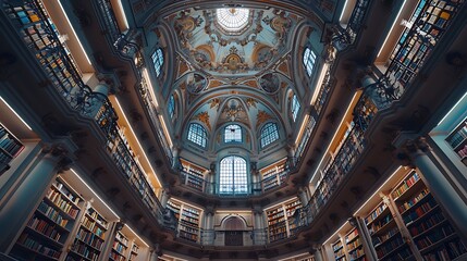 Obraz premium A building with a labyrinthine architecture, full of endless corridors of shelves with books, with very high ceilings and domes decorated with frescoes and stained glass