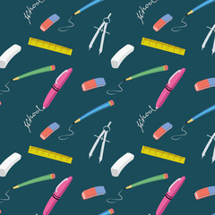 Pattern of school supplies - pen, pencil, ruler, compass, chalk and eraser