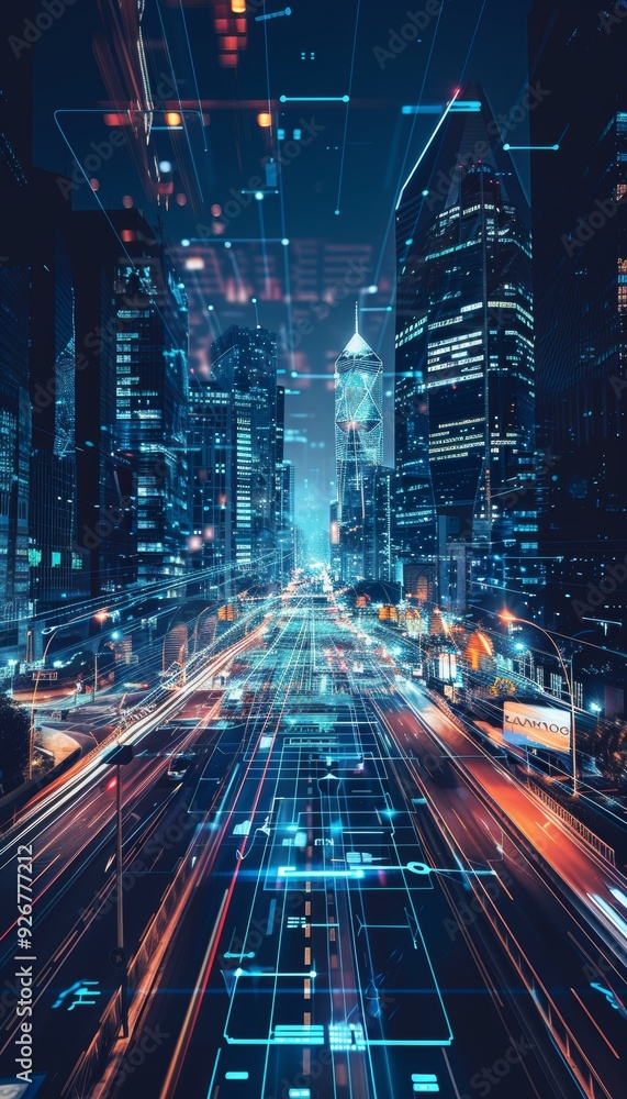 Poster futuristic cityscape with holographic displays showcasing mobile network coverage and data flow inte