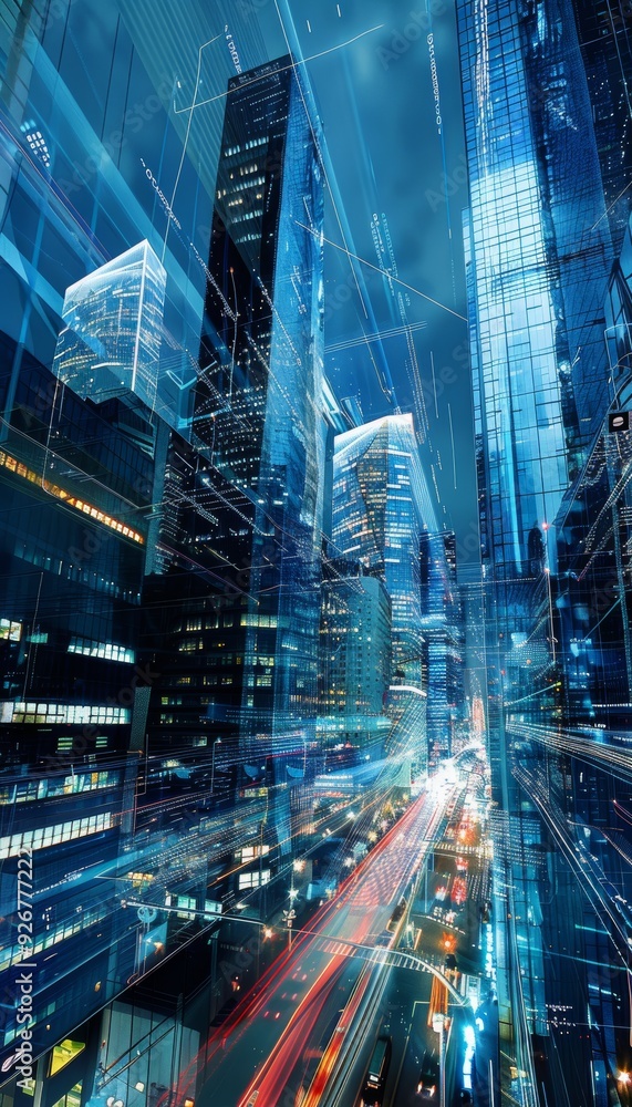 Poster futuristic urban cityscape with transparent skyscrapers and data streams showcasing advanced technol