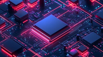 Fototapeta premium A computer processor with digital chip and electronic components on a motherboard or printed circuit board Isometric banner showcasing central computer processors and CPU concept Digital