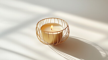 golden twisted wire candle, minimalist decor on white background