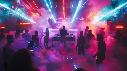A rock band playing in an intimate club, with the audience close to the stage, jumping and singing along to the music under bright, colorful lights
