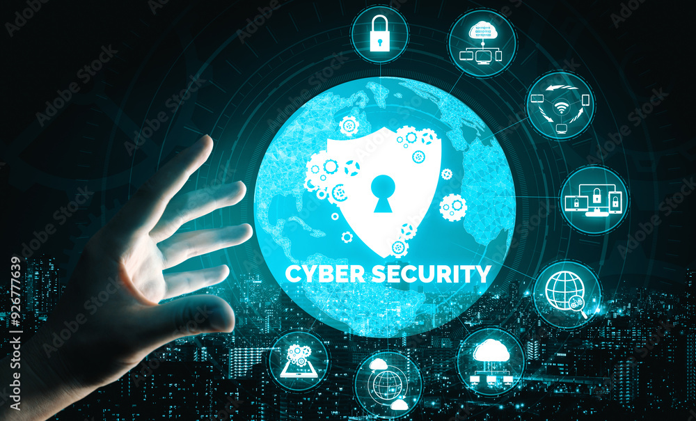 Poster cyber security and digital data protection concept. icon interface showing secure firewall technolog
