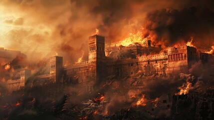 Realistic photo capturing the burning walls and destruction of troy, historical event depicted