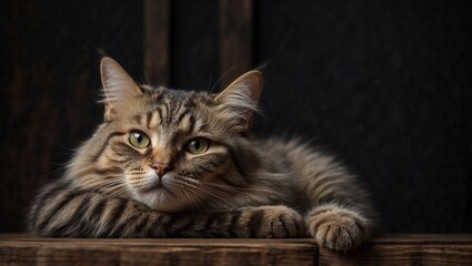 Close-up of a relaxed tabby cat with a dark background and soft lighting.