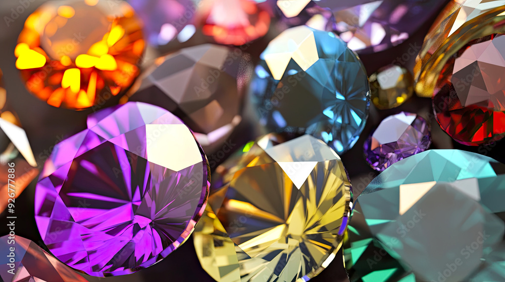 Aufkleber A Close-Up View of Colorful Gemstones Resembling Planet-Like Forms Scattered on a Dark Surface