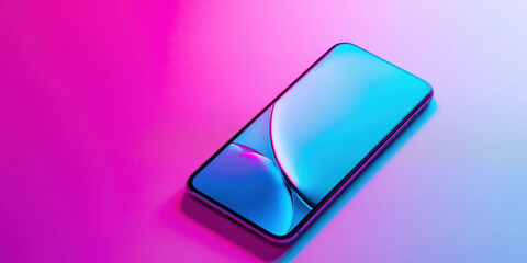 Modern Smartphone with Neon Glowing Screen on Pink and Blue Background