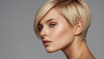 Naklejka premium Side profile of woman with short blonde hair in studio setting