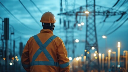 Backview of Electrical Engineer Inspecting High Voltage Power Lines