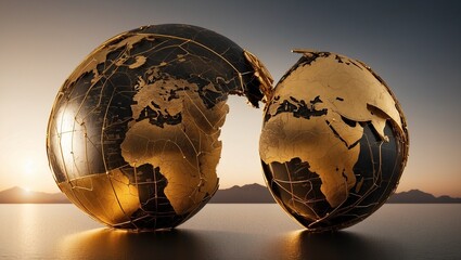 Golden cracked globes with a map of the world on reflective surface.