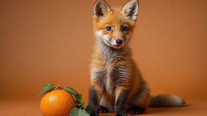 Fototapeta premium Adorable fox cub sitting beside an orange on a plain brown backdrop.