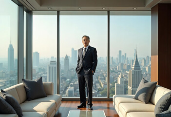 Portrait of a middle-aged Asian executive in a modern office, showcasing professionalism and confidence.