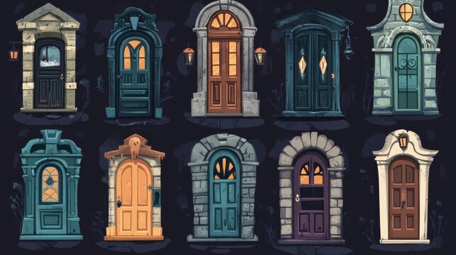 Creepy doors and windows Old, haunted house doors and windows, flat design illustration