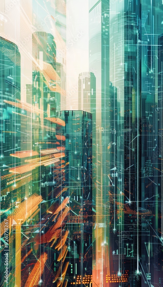 Poster futuristic urban landscape with transparent buildings and digital data streams representing mobile n