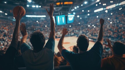 Backview of Enthusiastic Basketball Fans Cheering in Stadium