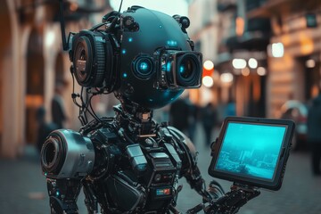 Fototapeta premium Photograph of a futuristic robot with a camera and monitor on the street, filming a cinematic scene. High-resolution photography, with meticulous detail and a hyper-realistic style