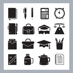 Silhouettes education or school icons, Stationery icon set. Elementary school appliances collection. Education equipment. Scissors, eraser and other study icons