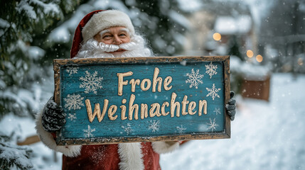 Ein Foto des Weihnachtsmanns, der ein Schild mit der Aufschrift „Frohe Weihnachten!“ hält, während er in seinem klassischen roten Anzug und Hut gekleidet ist und festliche Stimmung verbreitet.
