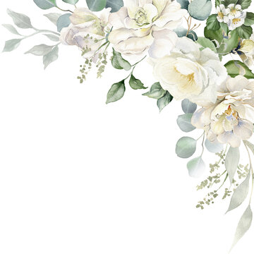 Watercolor white flowers border set. White roses, eucalyptus leaves. Floral background. Wedding frame. Invitation template. Greeting card