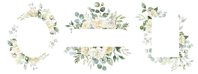 Watercolor white flowers border set. White roses, eucalyptus leaves. Floral background. Wedding frame. Invitation template. Greeting card