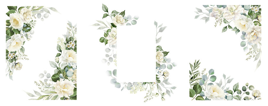 Watercolor white flowers border set. White roses, eucalyptus leaves. Floral background. Wedding frame. Invitation template. Greeting card