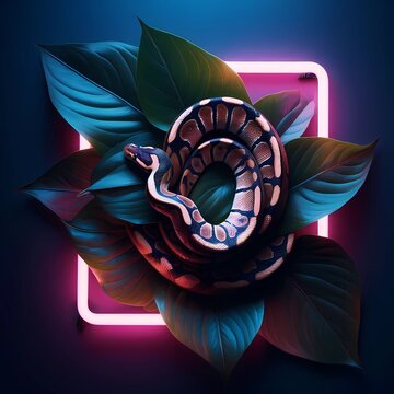 A ball python coils on lush green leaves illuminated by glowing neon lights, creating a striking visual contrast.