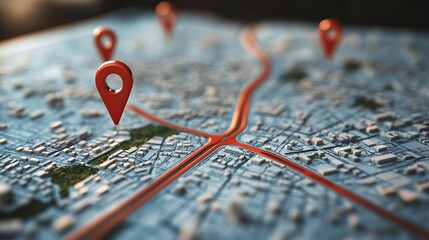 Closeup of a road map with red navigation icons