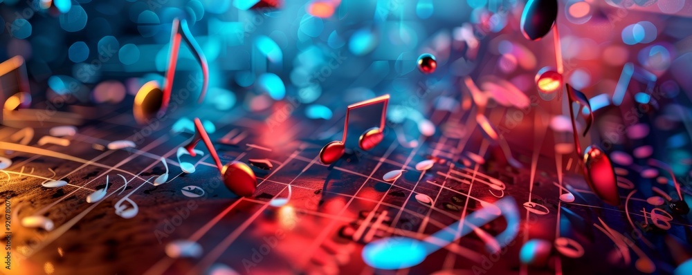 Poster music notes floating through vibrant waves of sound. the dynamic background showcases a lively blend