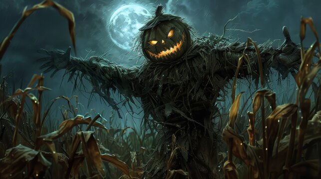 Halloween Scarecrow with Glowing Eyes in Moonlit Cornfield Night Scene for Spooky Decorations