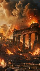 Fototapeta premium Realistic photo showing the destruction of troy with its walls engulfed in flames during the siege