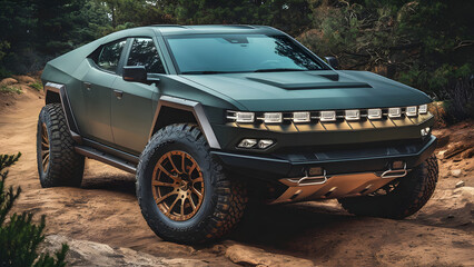 Naklejka premium Stunning image of a high-performance off-road vehicle, featuring a futuristic and stylish design, in a matte dark green color, and large, rugged tires with deep tread ideal for off-road adventures.