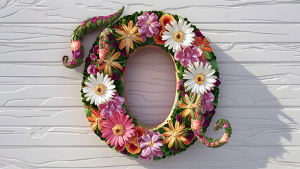 Floral design of the letter "O" with detailed floral patterns, featuring a mix of orchids, daisies, and peonies.