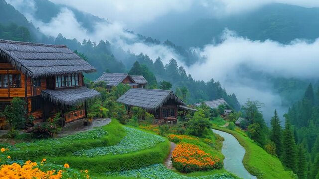 rustic boho wood cabin home beautiful exterior design home garden with lush tranquil wild atmosphere, green plants and flowers blossoming, relaxing green space