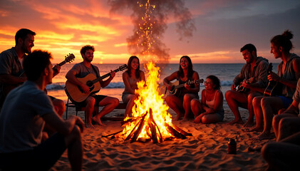 A bonfire on the beach at sunset, with people socializing and having fun in the background, blurred.

