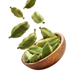 Falling Cardamom Fruits Isolated on White Background