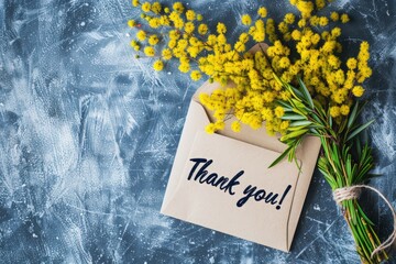 Naklejka premium an envelope with yellow mimosa flowers and the inscription 