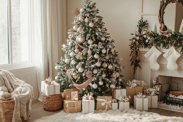 Cozy living room decorated for Christmas with a tree and beautifully wrapped gifts