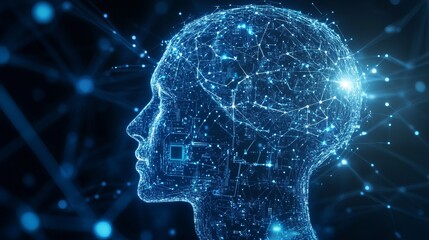 Electronic brain concept and artificial intelligence graphic featuring a digital brain and human head outline made from a circuit board connected on a dark blue background