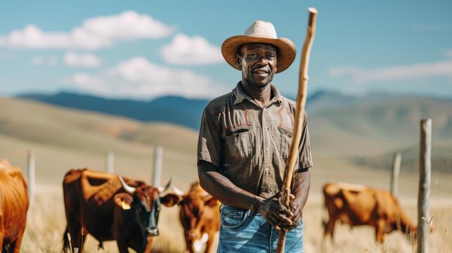 Farm, joyful black man, cow, animal agriculture, sustainability, and rural agrobusiness. Agriculture with mission, field, industry, cattle herd, and outdoor animals