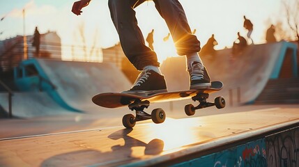 Young people performing tricks with their skateboards in a skate park, capturing the action and dynamism as they perform stunts on ramps and railings