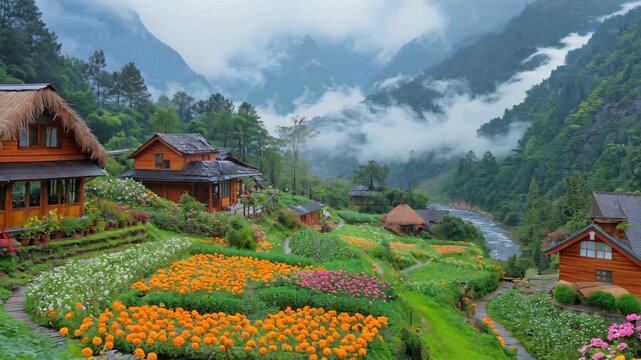 rustic boho wood cabin home beautiful exterior design home garden with lush tranquil wild atmosphere, green plants and flowers blossoming, relaxing green space