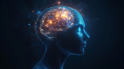 Human head with a luminous brain network representing consciousness and artificial intelligence