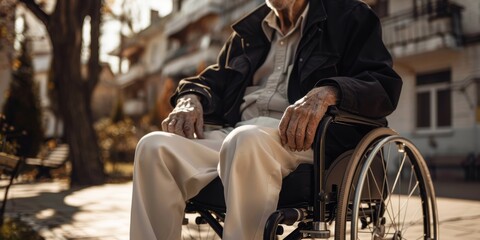 Legs, wheelchair, and nurse strolling outdoors for health or wellness. Caregiver, empower disabled patient for care, rehabilitation, and volunteer kindness and charity