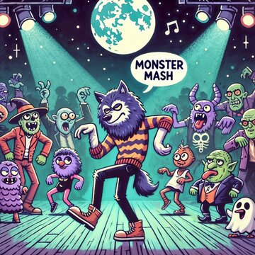 Werewolf Dancing at Monster Mash Party with Cartoon Creatures, Fun Halloween Scene