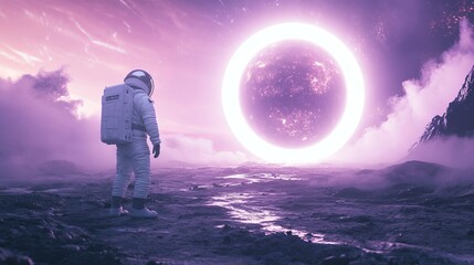 Fototapeta premium 3D render of an astronaut standing before a light portal on an alien planet in a science fiction universe 