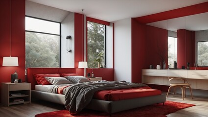Modern bedroom with red and neutral tones, designed for comfort