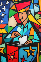 A colorful stained glass-inspired art piece depicting a person casting a ballot, surrounded by vibrant geometric shapes and a portion of the American flag.