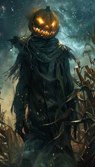 Eerie Scarecrow with Jack-o'-Lantern Head in Cornfield Under Starry Night Sky